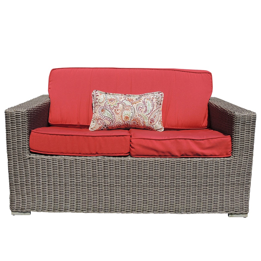 Wicker Patio Love Seat with Red Cushions