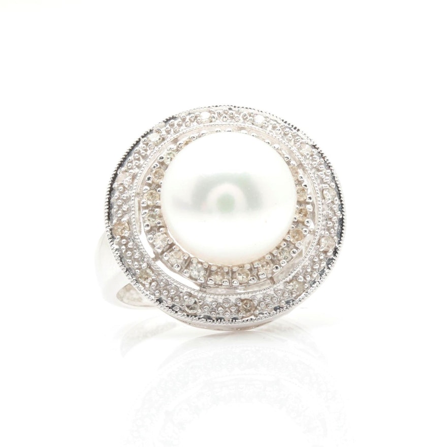 14K White Gold Cultured Pearl and Diamond Ring