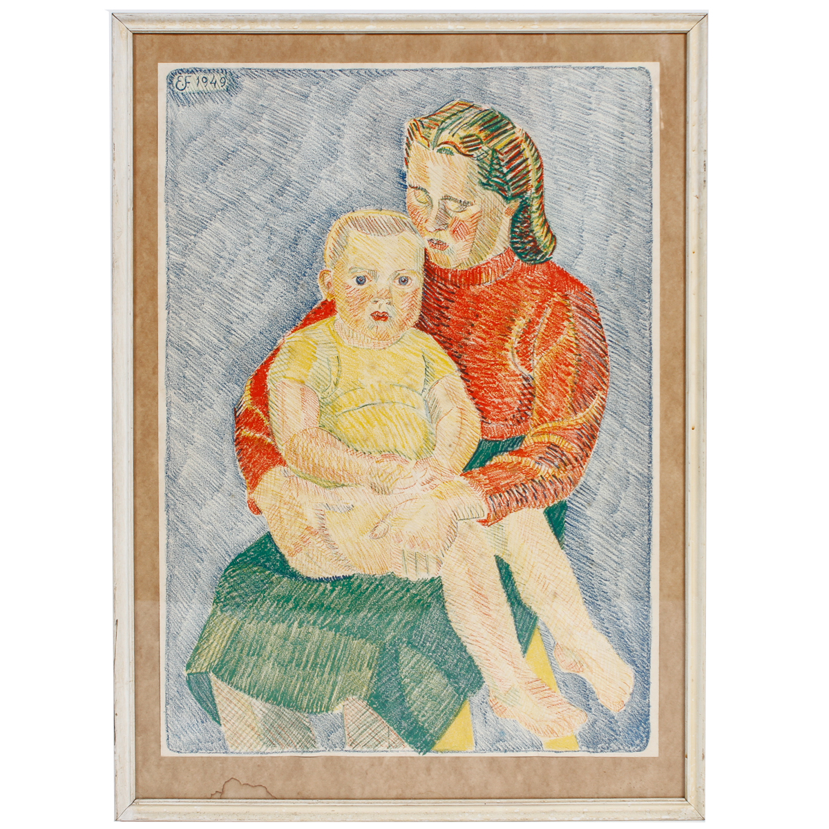 Erling Frederiksen 1949 Colored Pencil Drawing of Mother and Child