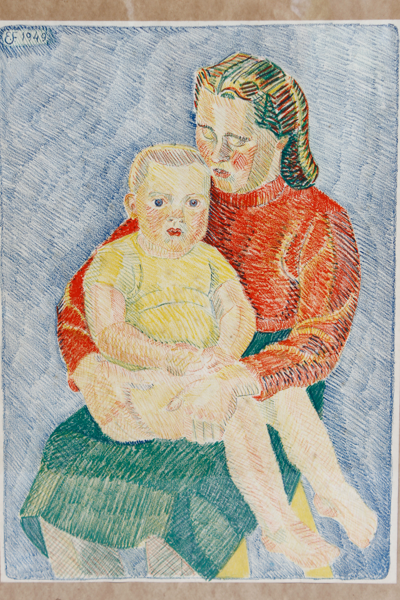 Erling Frederiksen 1949 Colored Pencil Drawing of Mother and Child