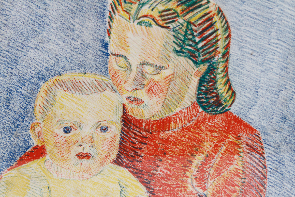 Erling Frederiksen 1949 Colored Pencil Drawing of Mother and Child