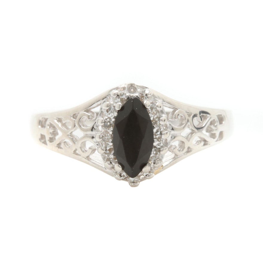 14K White Gold Black Onyx and Diamond Ring