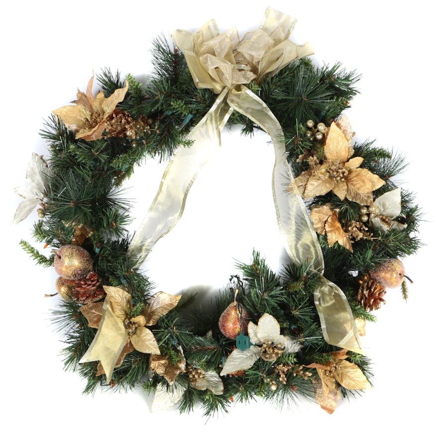 Christmas Wreath with Gold Tone Fruit and Poinsettia Accents and Mesh Bow Detail