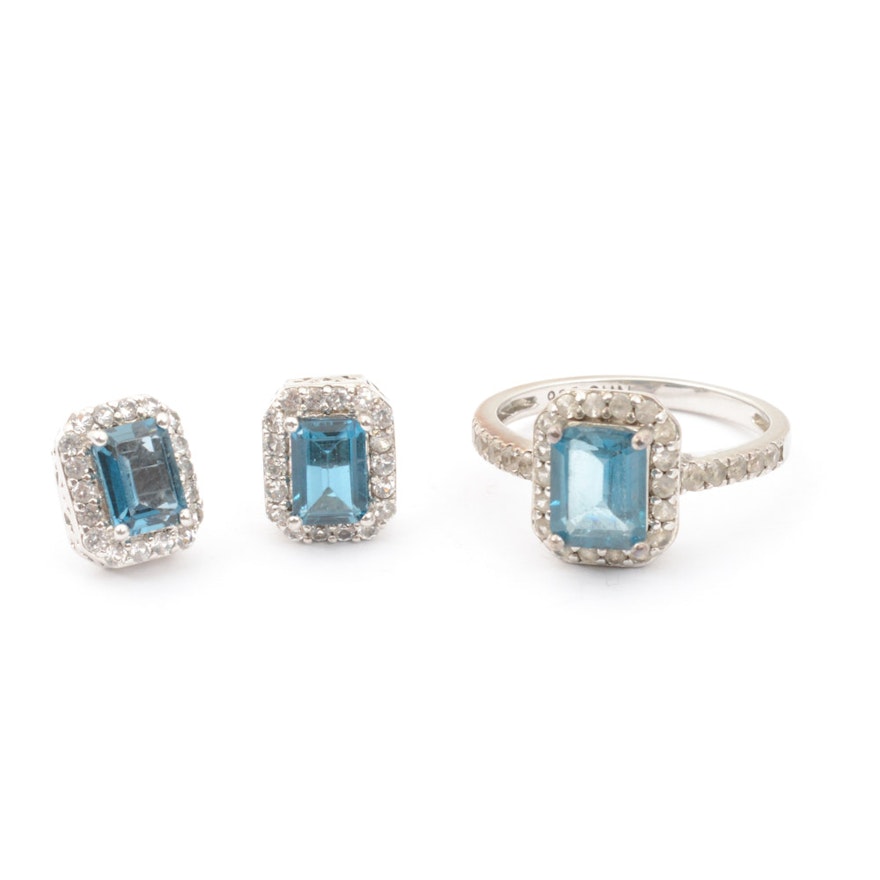 Sterling Silver Blue Topaz Ring and Earrings Set
