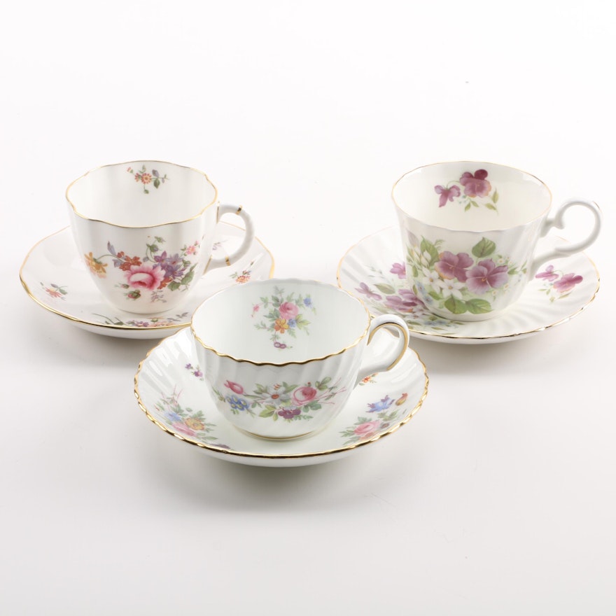 Vintage Porcelain Teacups and Saucers Featuring Derby China