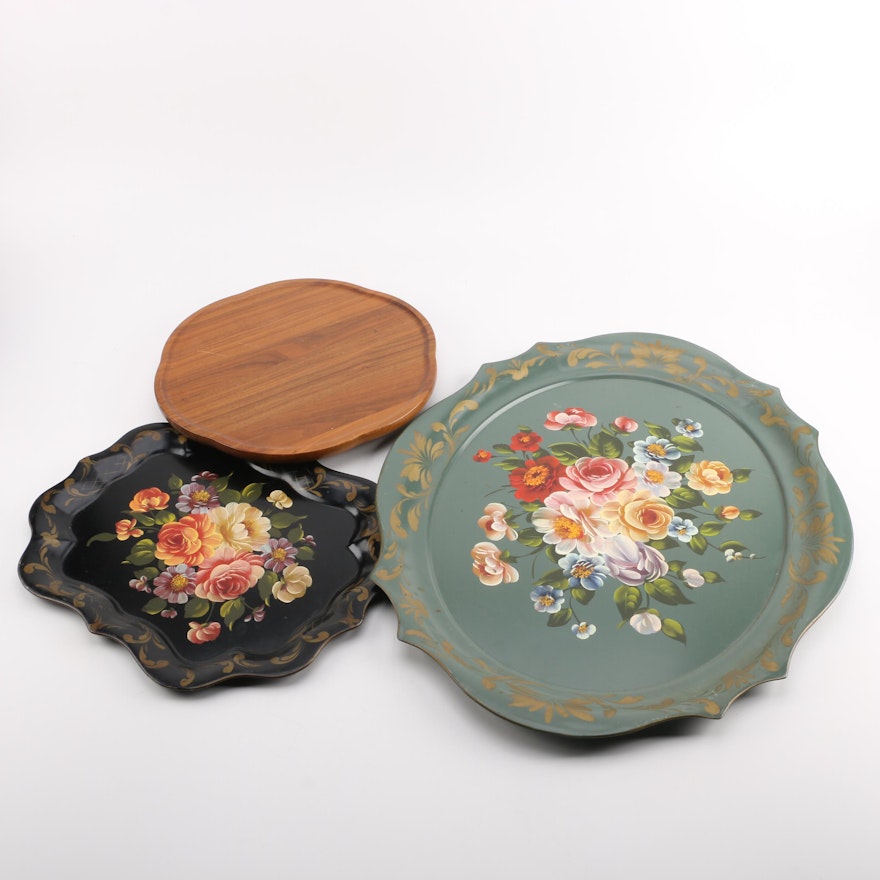Hand-painted Tole Style Trays with Lazy Susan