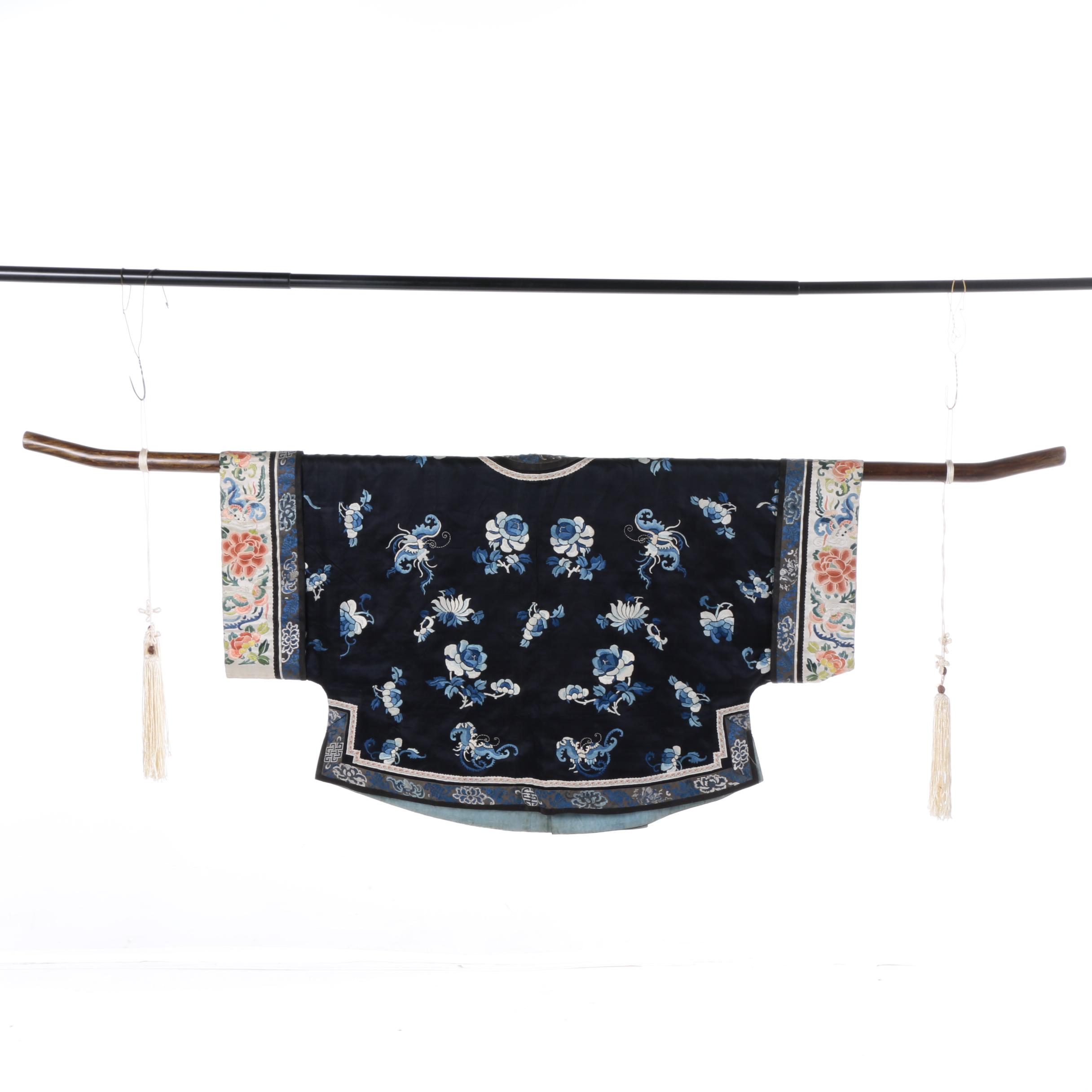 Chinese Qing Dynasty Embroidered Jacket and Wood Hanging Rod with Tassels