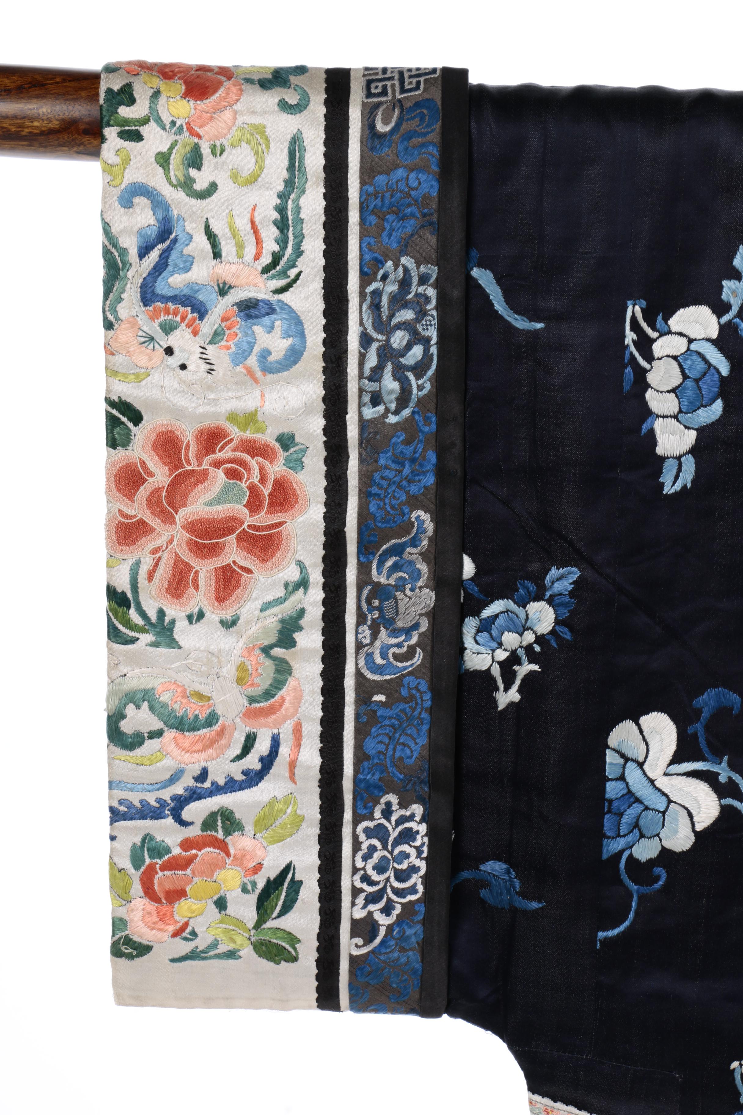 Chinese Qing Dynasty Embroidered Jacket and Wood Hanging Rod with Tassels