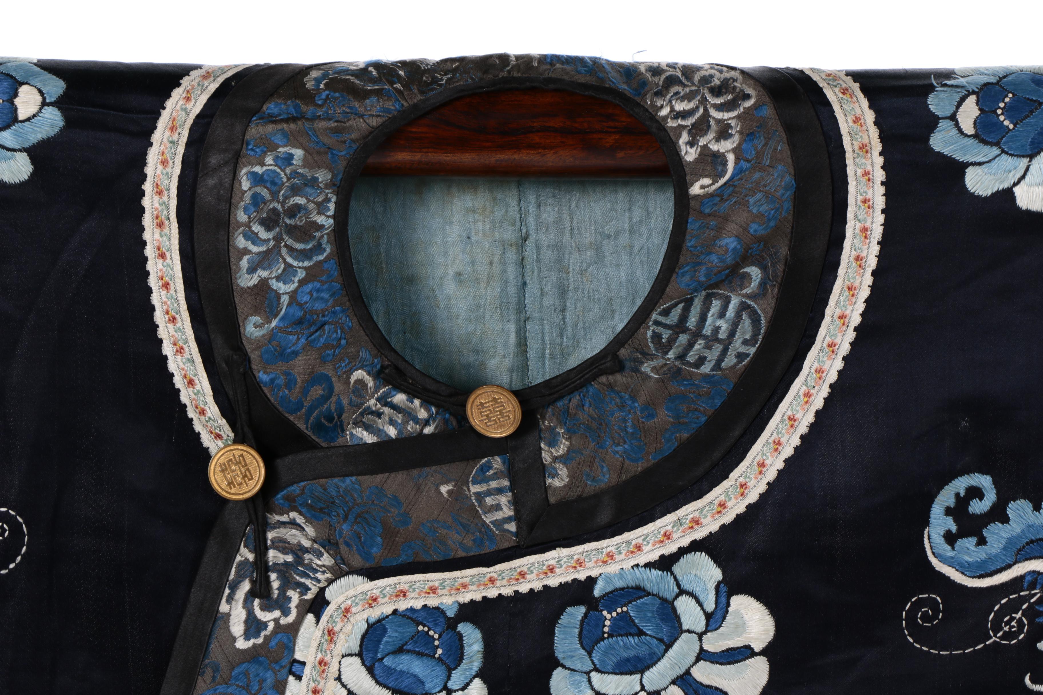 Chinese Qing Dynasty Embroidered Jacket and Wood Hanging Rod with Tassels