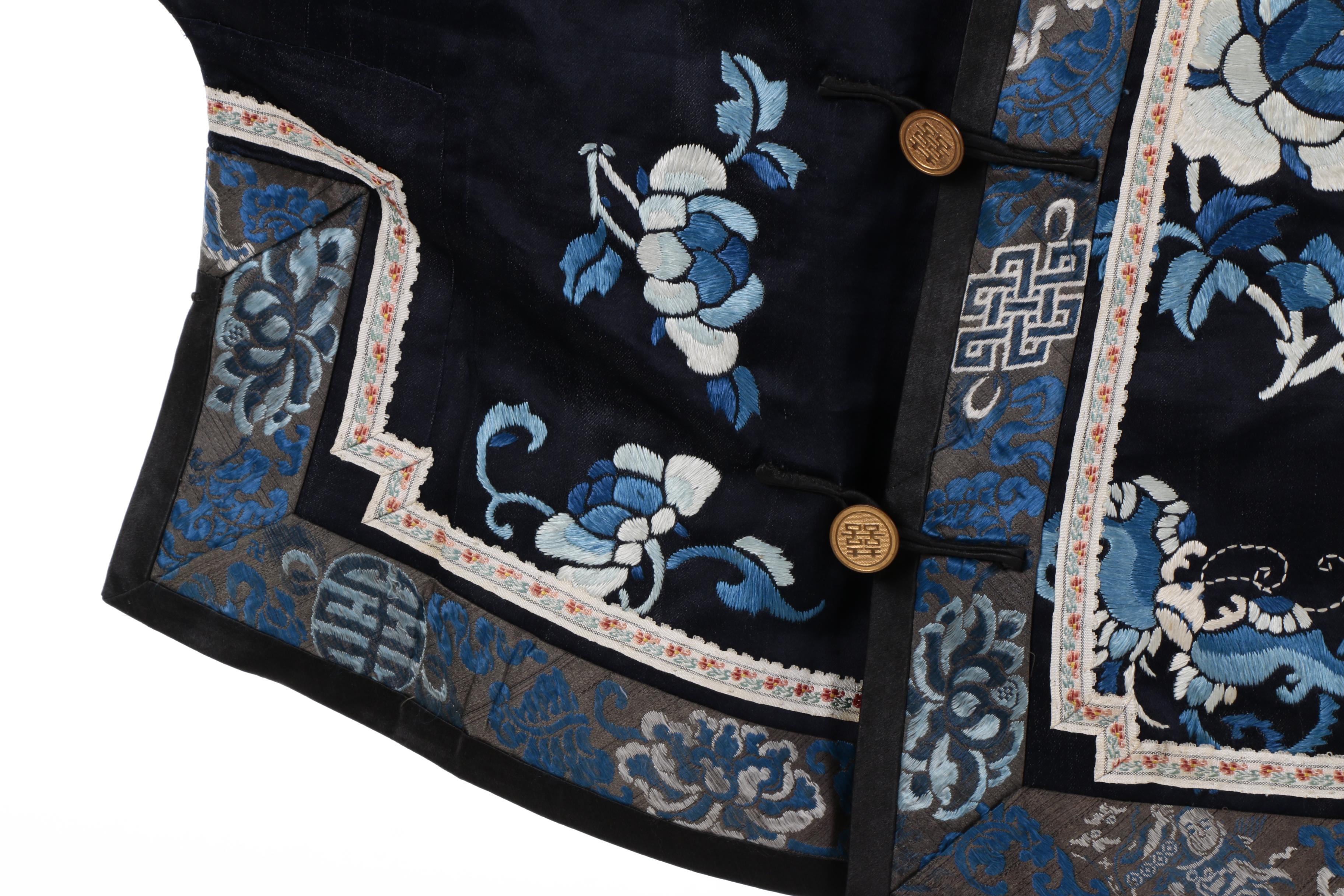 Chinese Qing Dynasty Embroidered Jacket and Wood Hanging Rod with Tassels