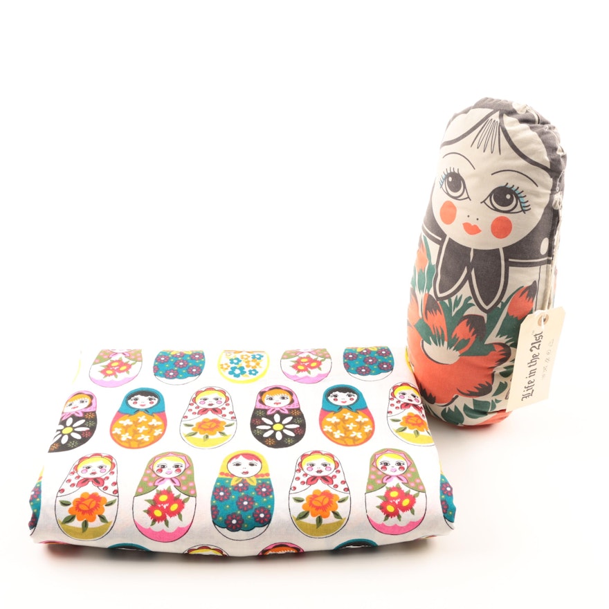 Cotton Tablecloth With Matryoska Russian Motif and Stuffed Doll