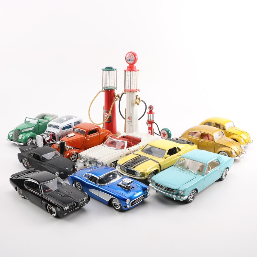 Die-Cast Cars and Gas Pumps