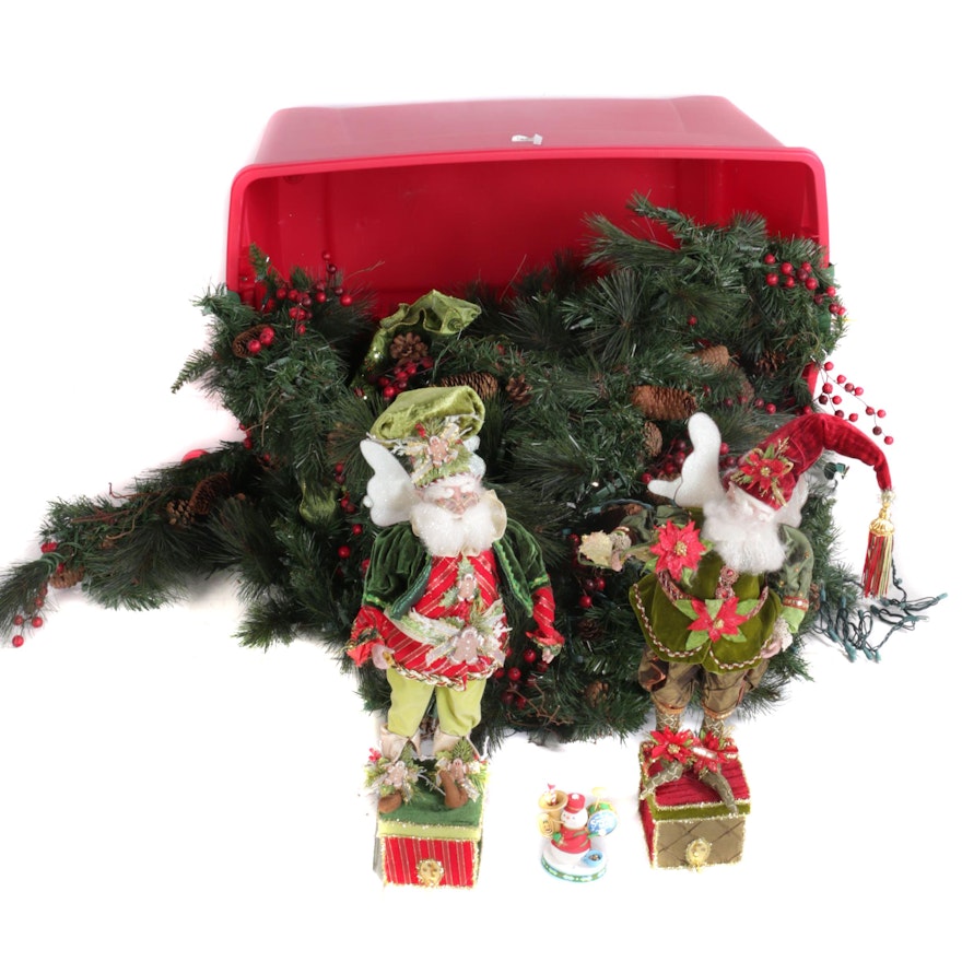 Santa Figurines and Garland with Berry Motif Christmas Accessories