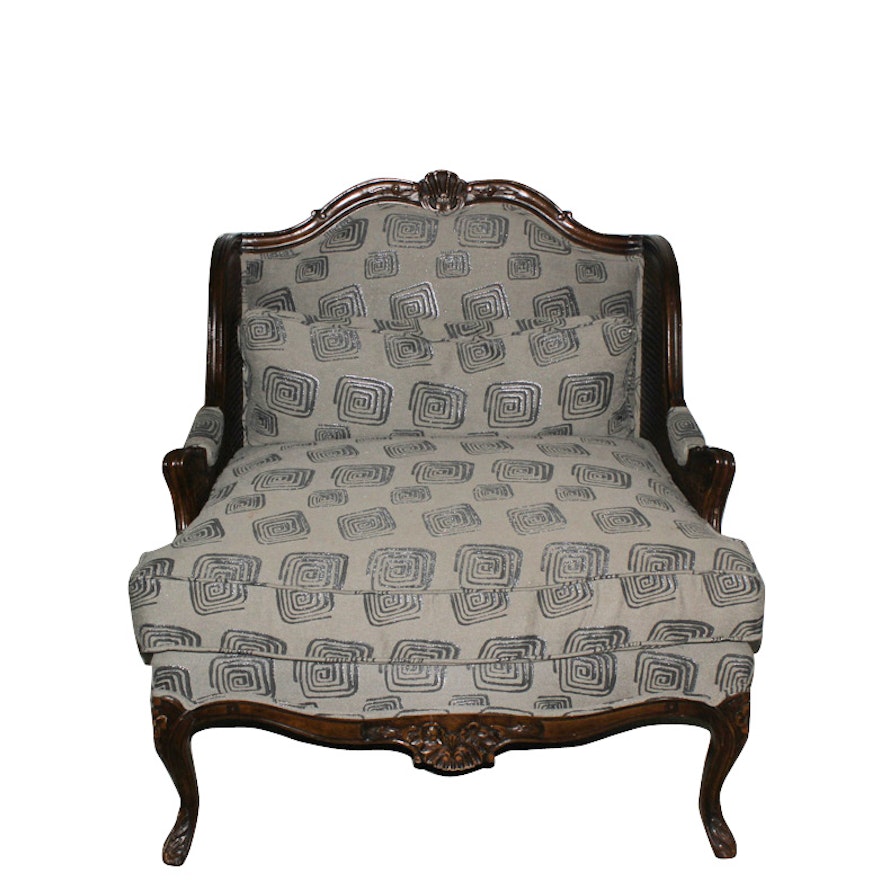 Vintage Louis XV Style Carved and Caned Upholstered Armchair