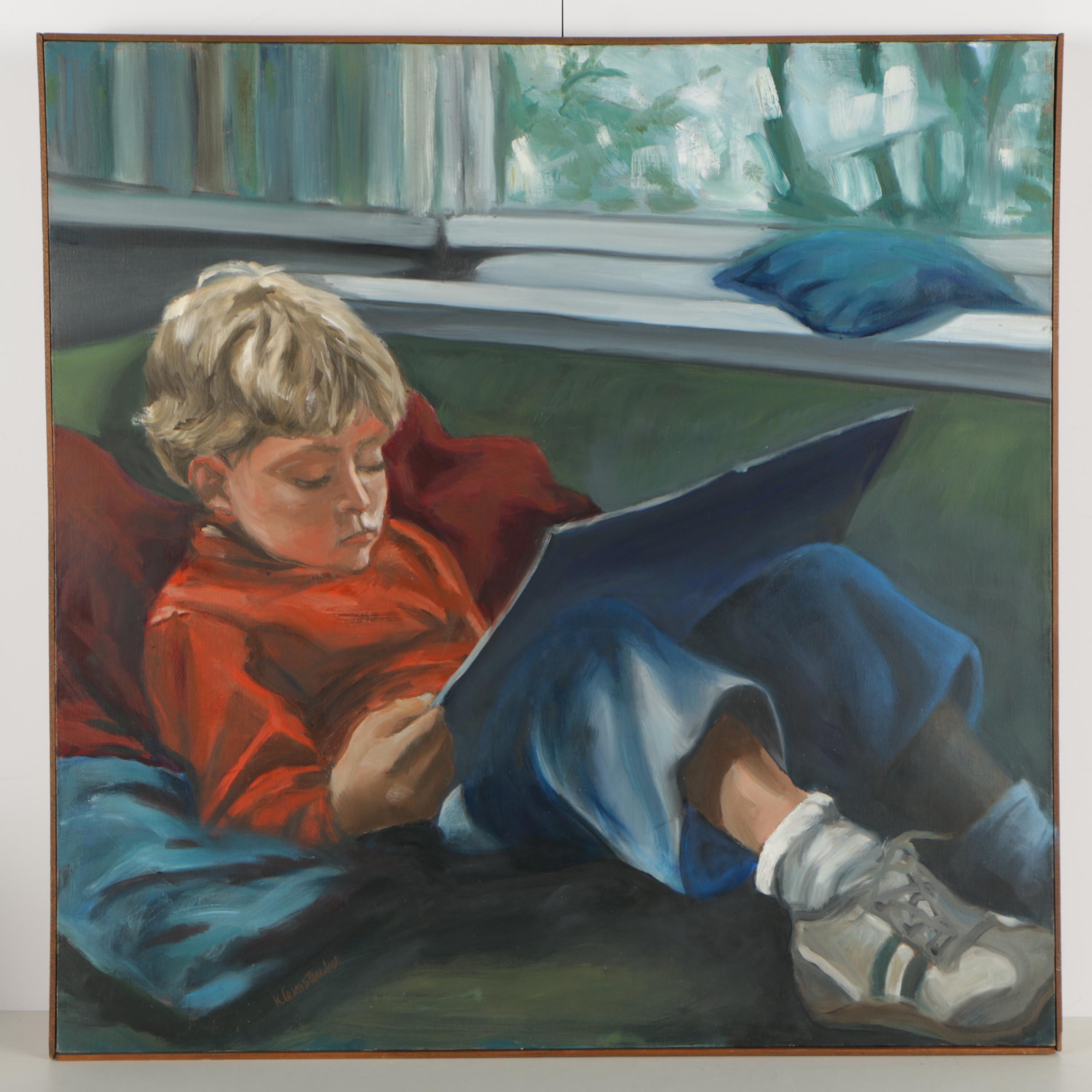 R. Kleinsteuber Oil Painting of Reading Boy