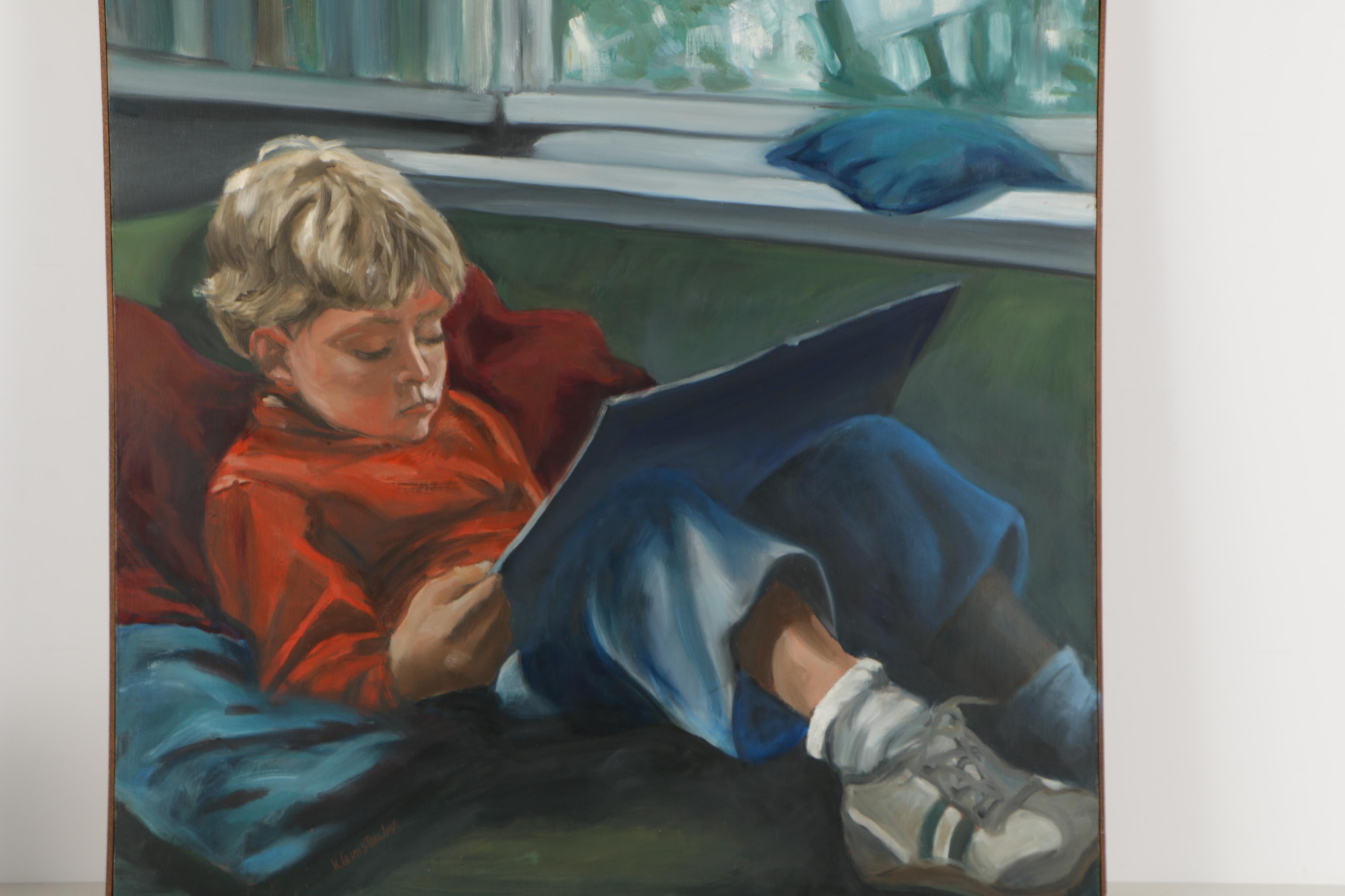 R. Kleinsteuber Oil Painting of Reading Boy