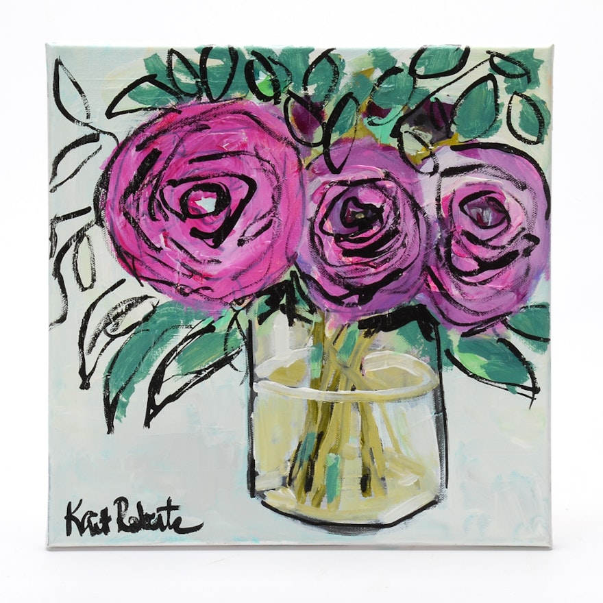Kaitlin Roberts Acrylic Painting on Canvas "Three Roses in a Glass Vase"