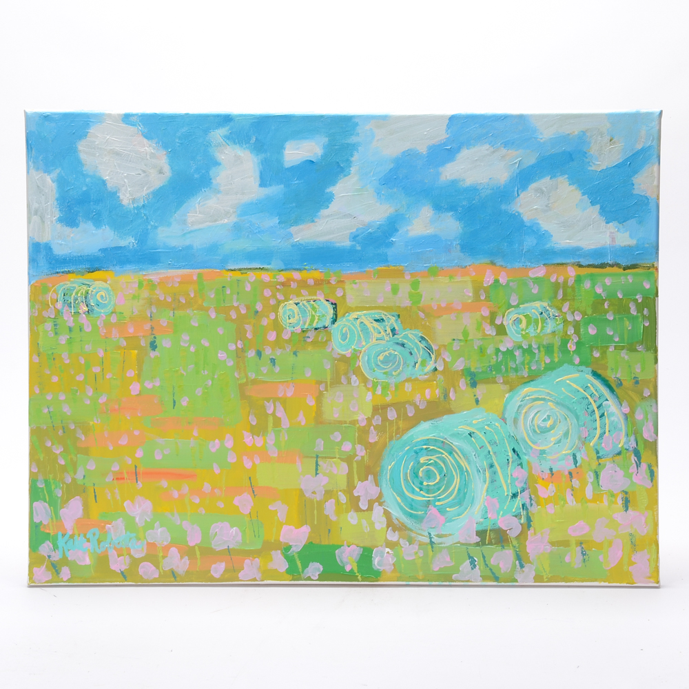 Kaitlin Roberts Acrylic Painting on Canvas "Hay Bales in a Field"