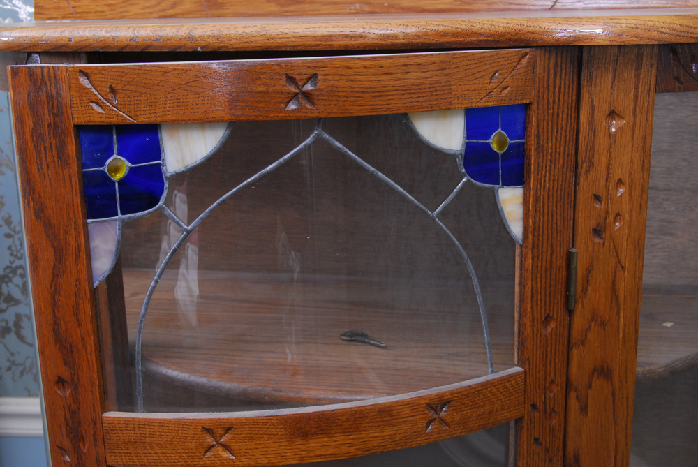 Oak Curio Cabinet with Stained Glass