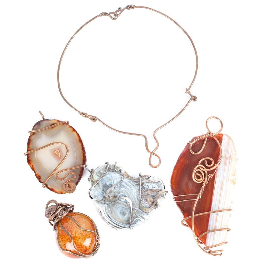 Copper, Stone, Agate, and Art Glass Necklace and Pendants