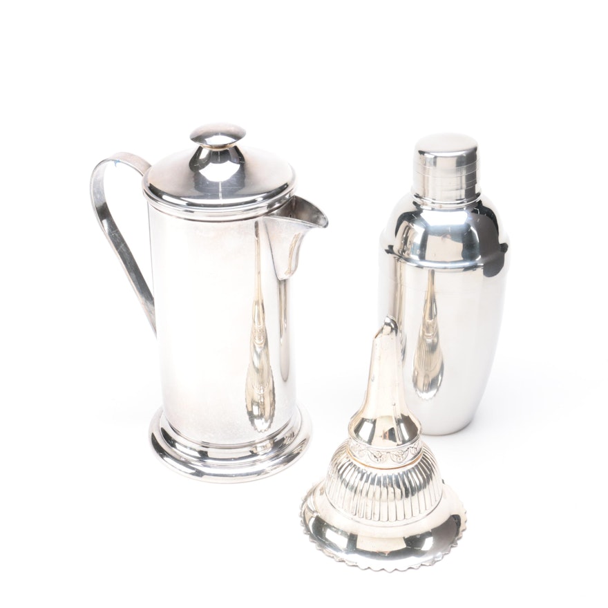 Andover Hall Silver Plate Cocktail Shaker and Other Barware