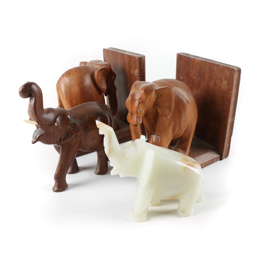 Wood and Calcite Elephant Bookends and Figurines