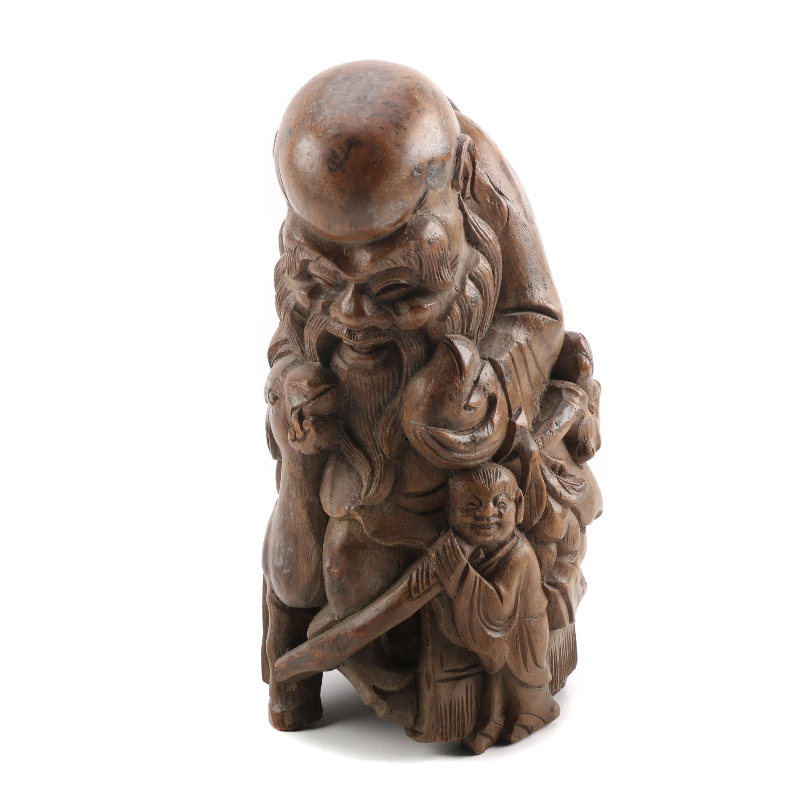 East Asian Wood Sculpture of the God of Longevity