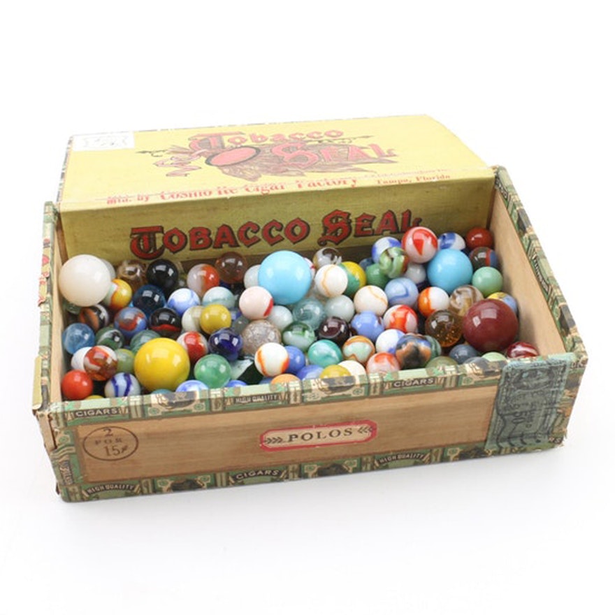 Hand-Blown Glass Marbles with Vintage Cigar Box