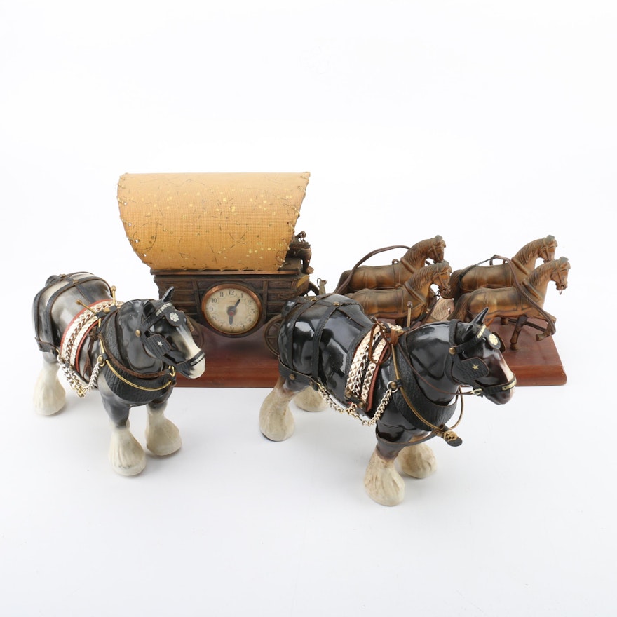 Horse & Carriage Mantle Clock and Horse Figurines