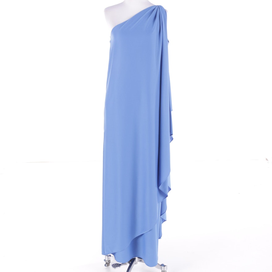 Circa 1970s Vintage Halston IV Sky Blue One-Shoulder Maxi Evening Dress