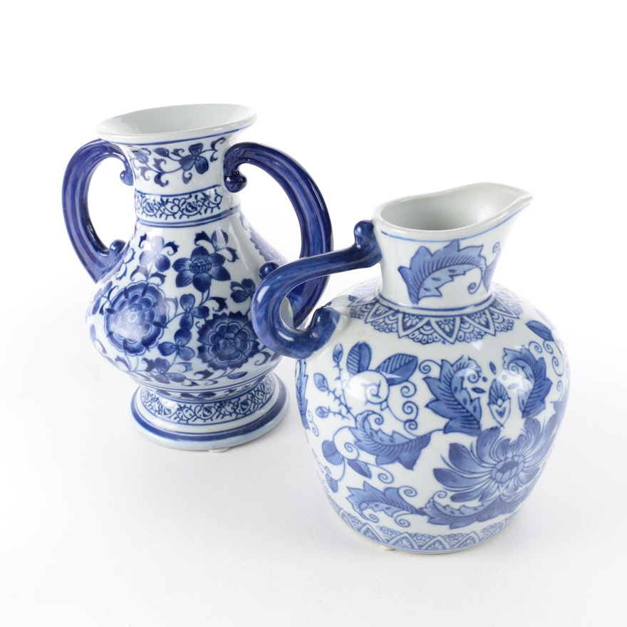 Chinese Blue and White Ceramic Urn and Pitcher