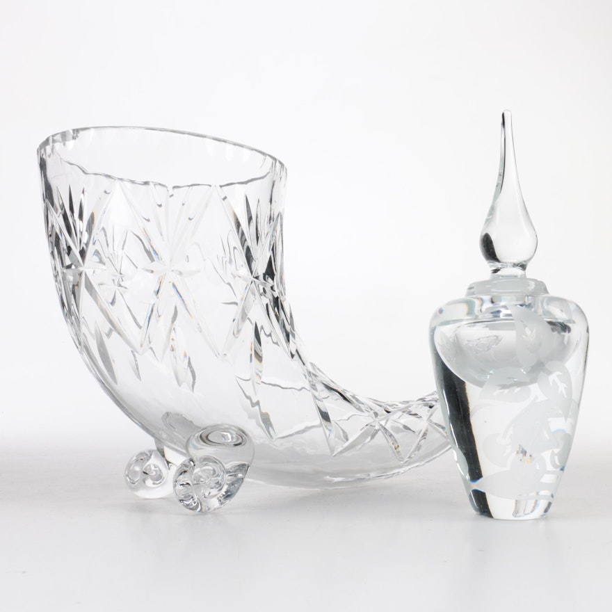 Signed Barry Sautner Glass Perfume Bottle and a Crystal Cornucopia Vase