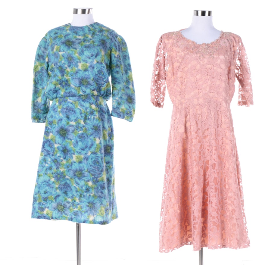 1960s Vintage Pink Lace and Blue Wool Spring Dresses