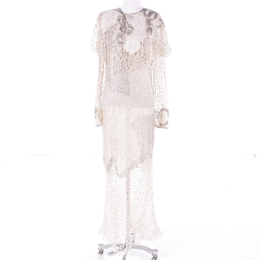 1980s Vintage Riazee Hand Beaded White Silk Dress