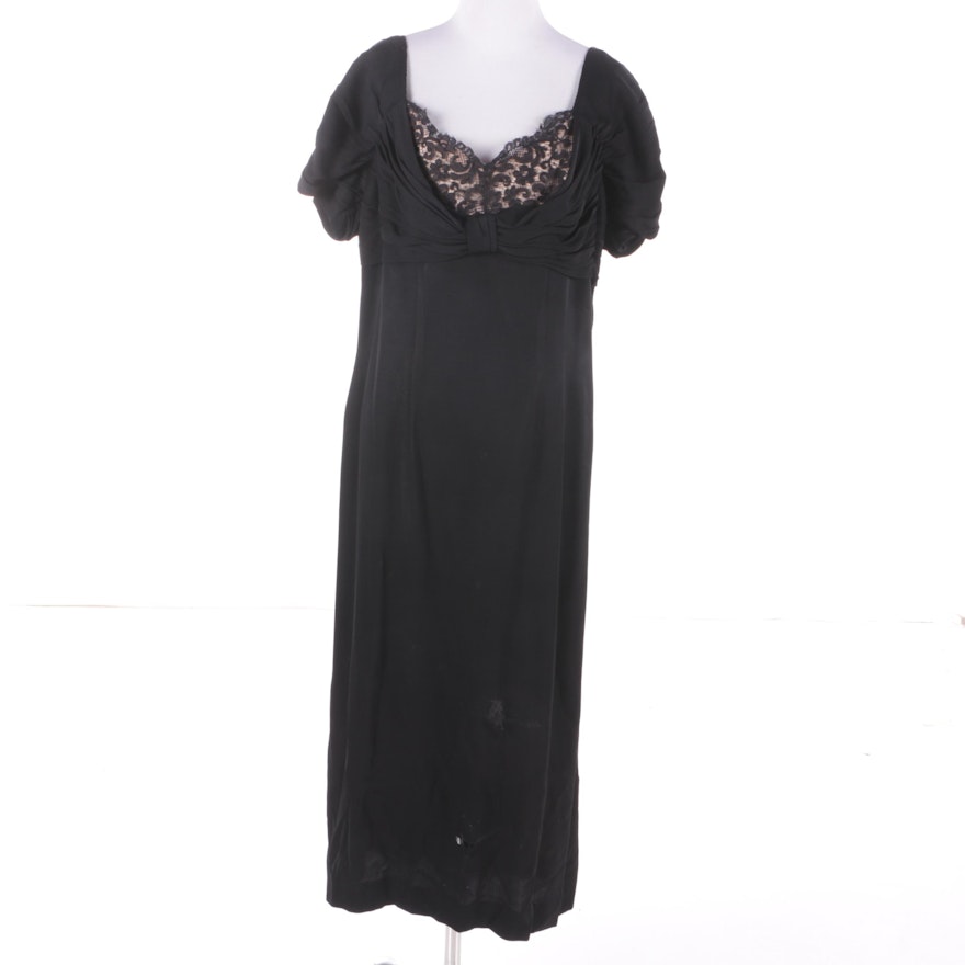 1940s Vintage Black Silk and Lace Drape Evening Dress