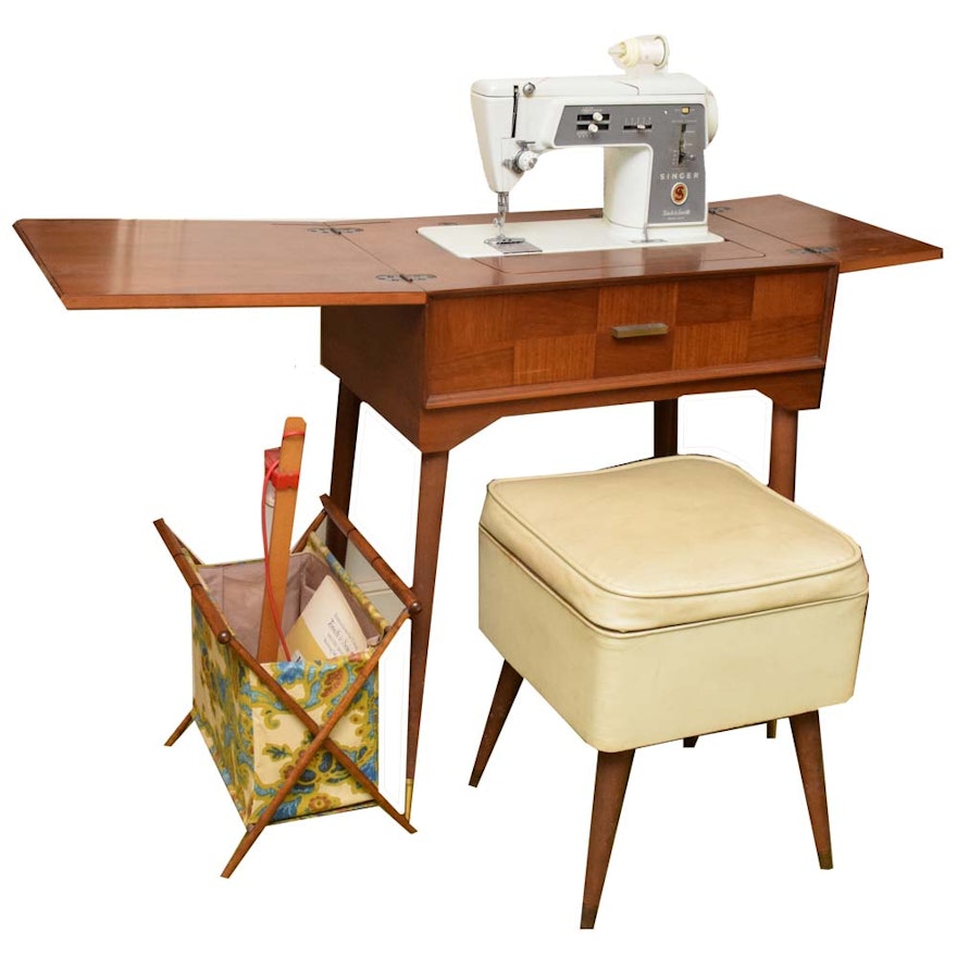 Mid Century Modern Sewing Cabinet, Stool, and Singer Sewing Machine