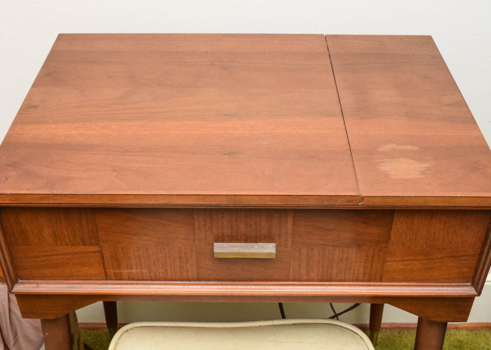 Mid Century Modern Sewing Cabinet, Stool, and Singer Sewing Machine