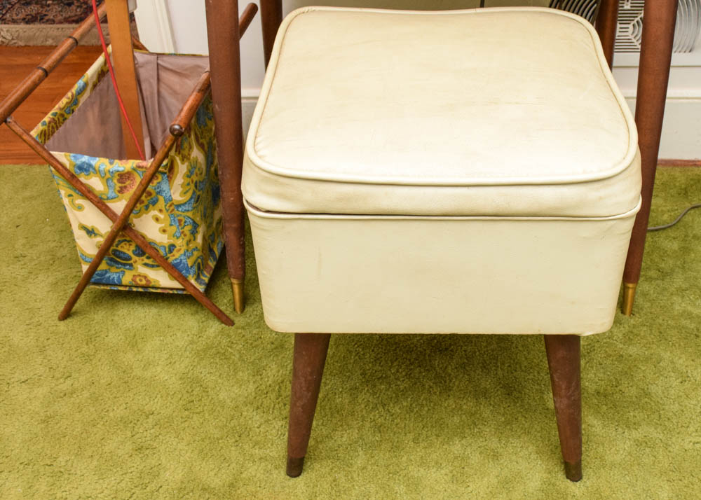 Mid Century Modern Sewing Cabinet, Stool, and Singer Sewing Machine
