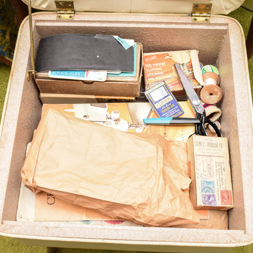 Mid Century Modern Sewing Cabinet, Stool, and Singer Sewing Machine