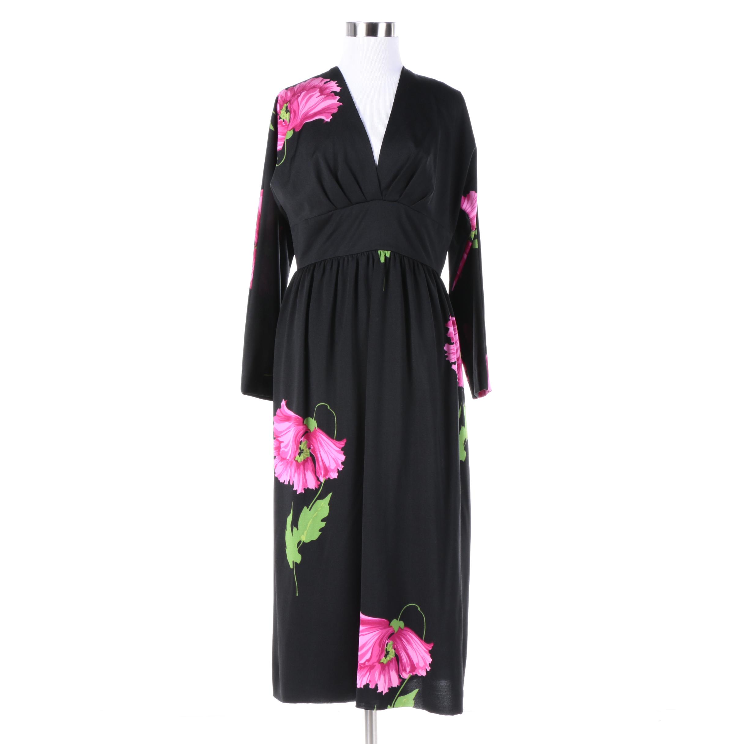 1970s Shannon Rodgers for Jerry Silverman Black Floral Empire Waist Dress