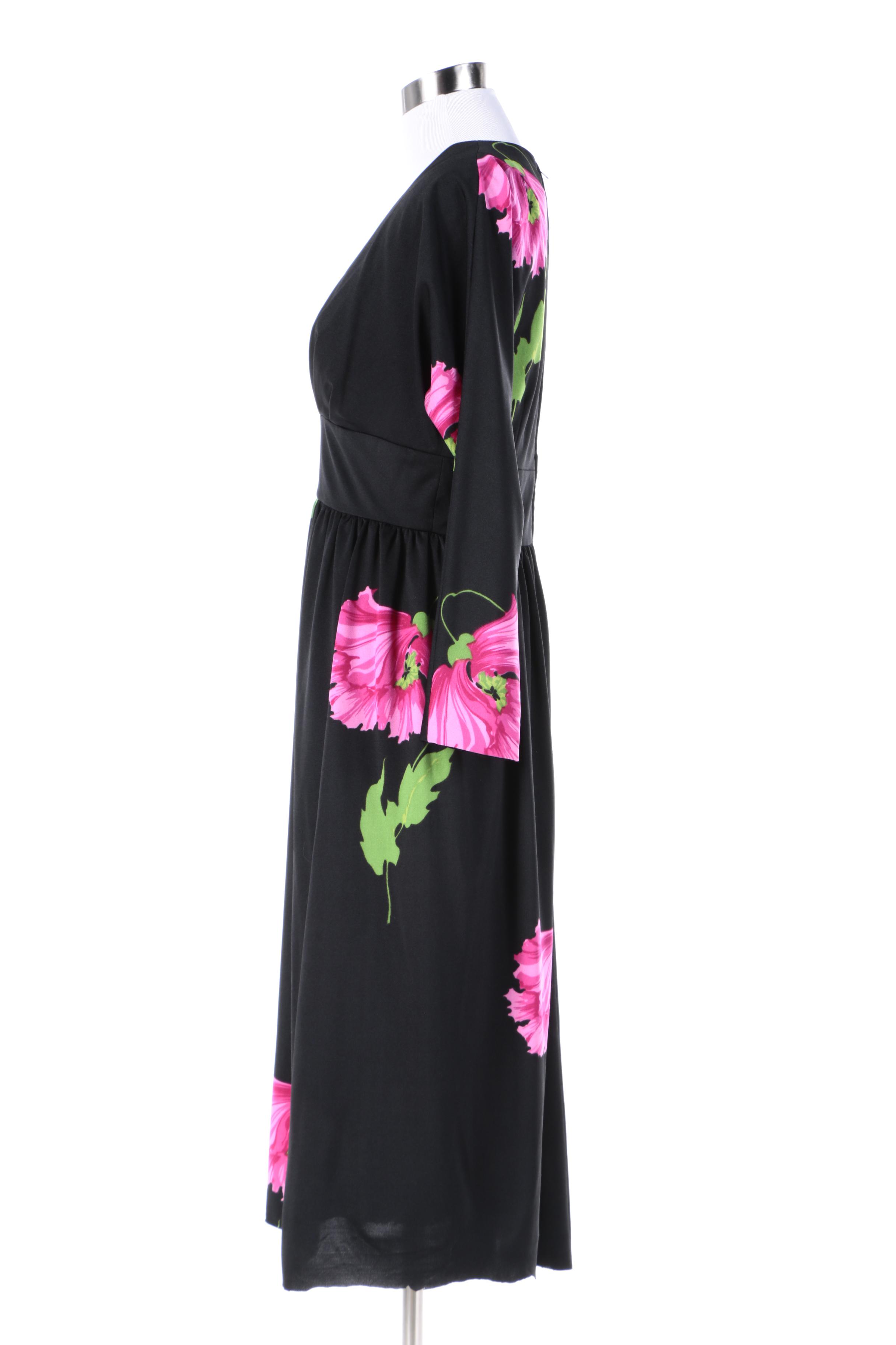 1970s Shannon Rodgers for Jerry Silverman Black Floral Empire Waist Dress