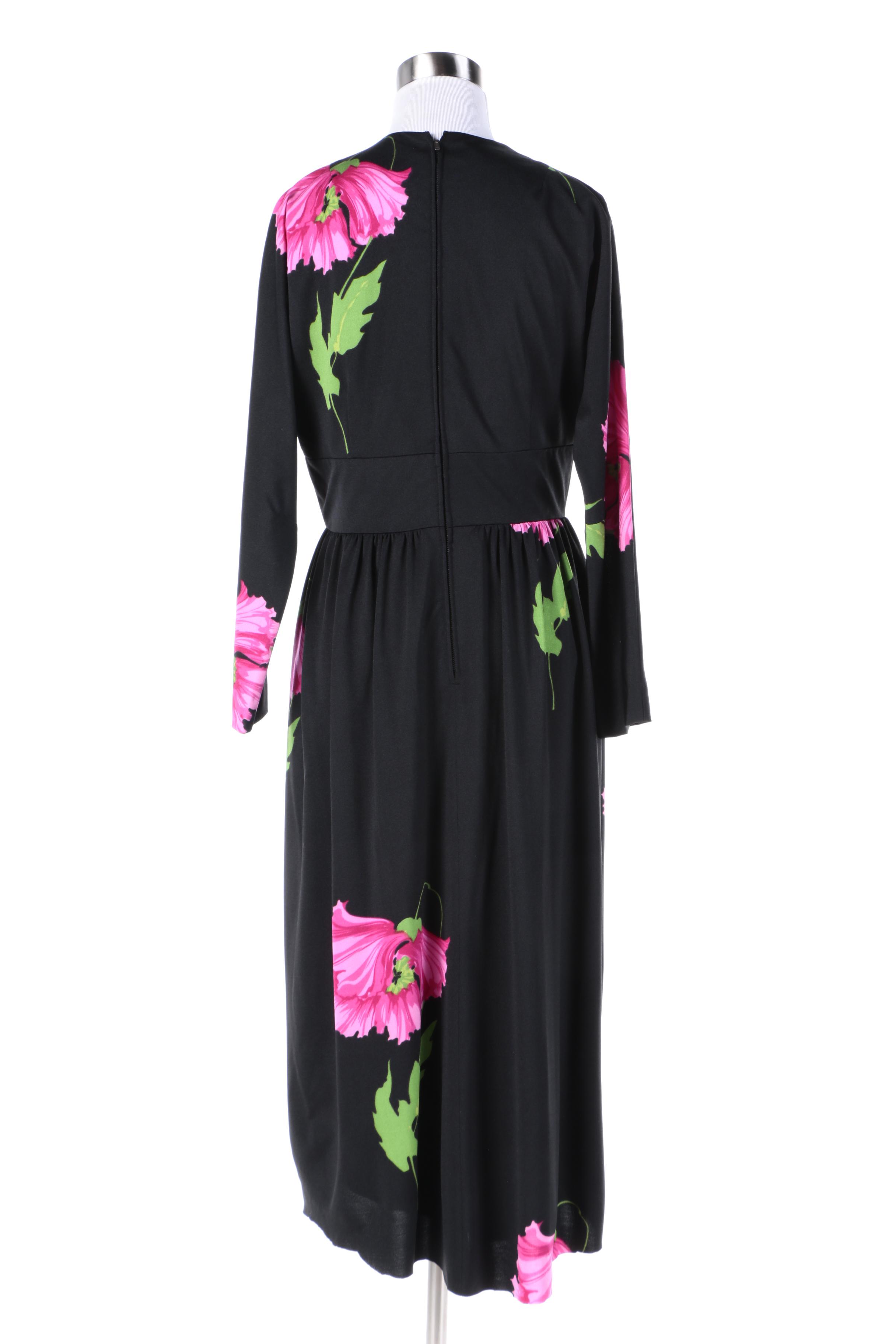 1970s Shannon Rodgers for Jerry Silverman Black Floral Empire Waist Dress