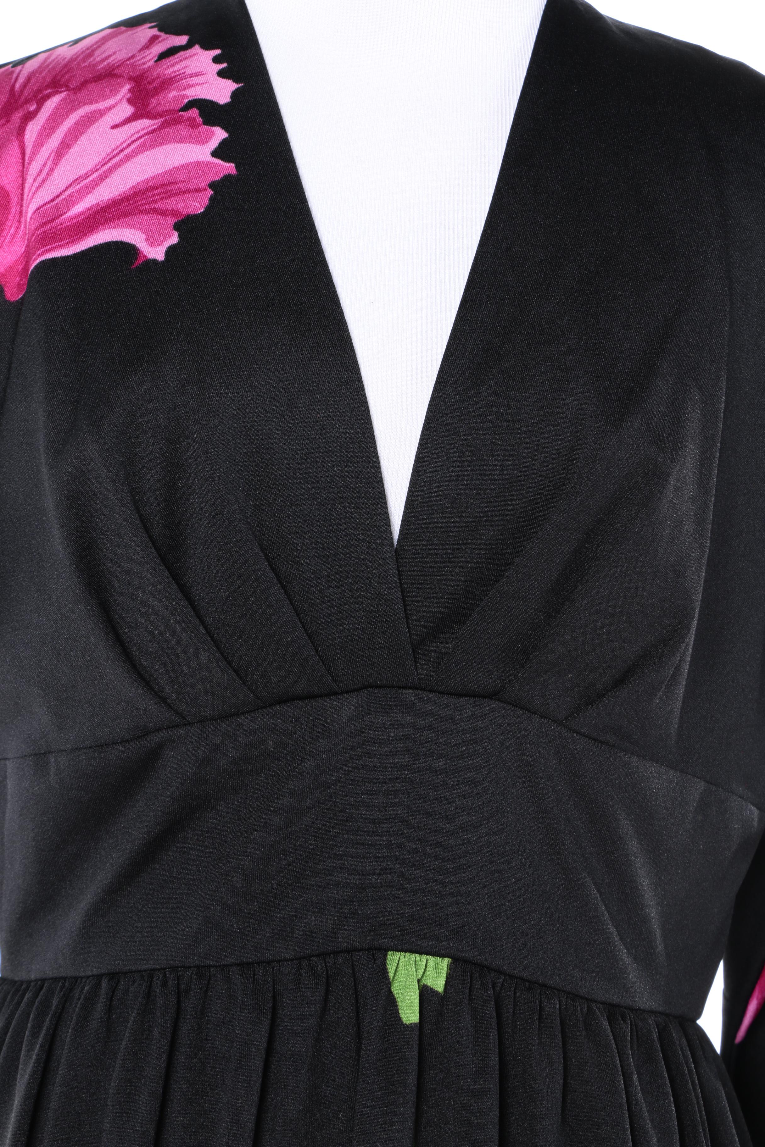 1970s Shannon Rodgers for Jerry Silverman Black Floral Empire Waist Dress