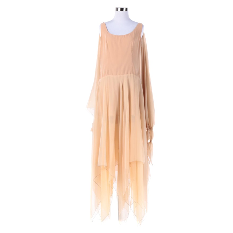 1970s Vintage Bob Mackie Ray Aghayan Peach Chiffon Grecian Drape Evening Dress