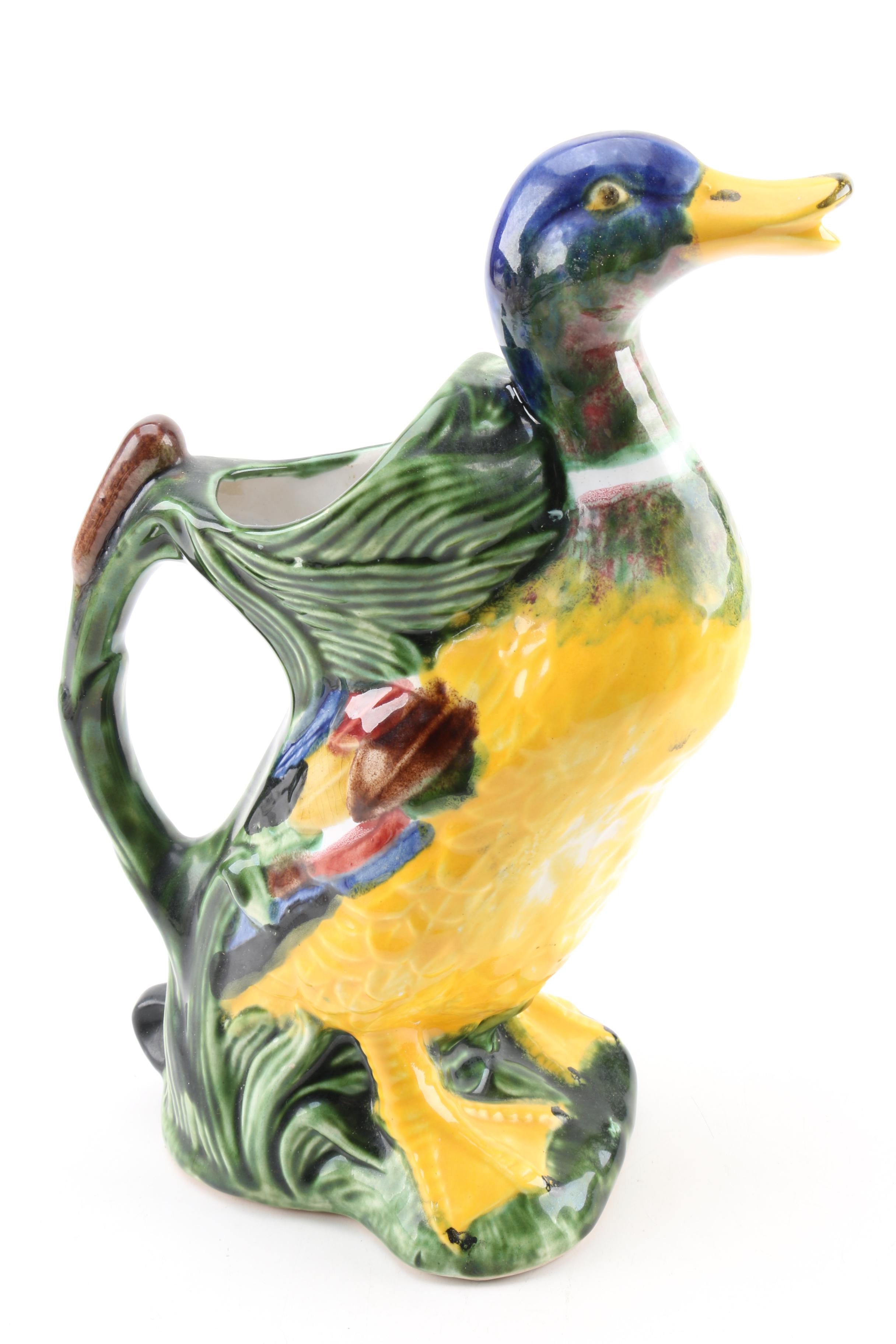 Vintage F. Mendes Portuguese Majolica Duck Pitcher