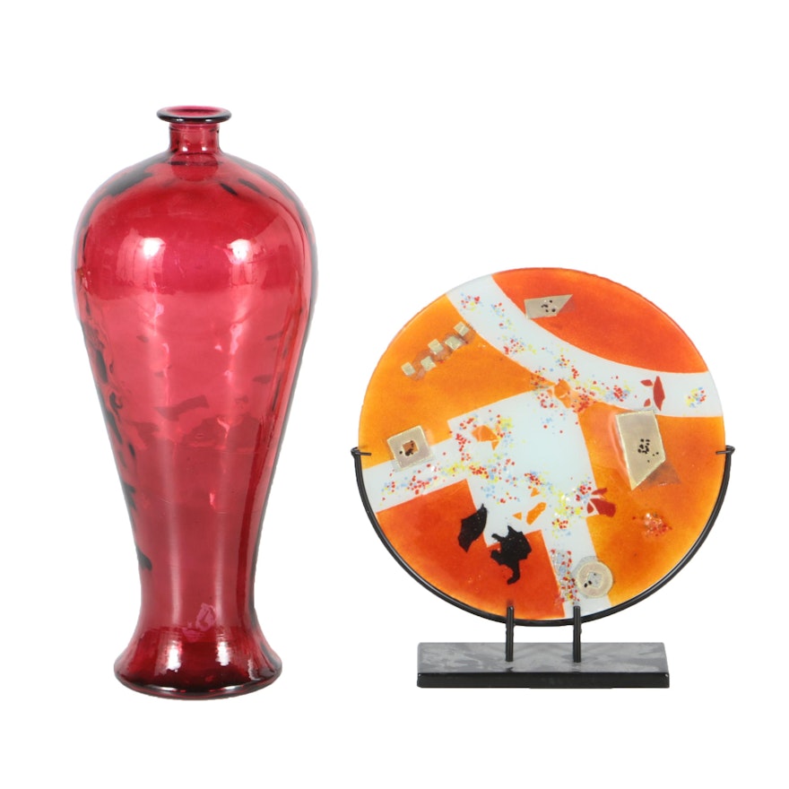 Fused Glass Plate with Stand and Large Red Glass Vase