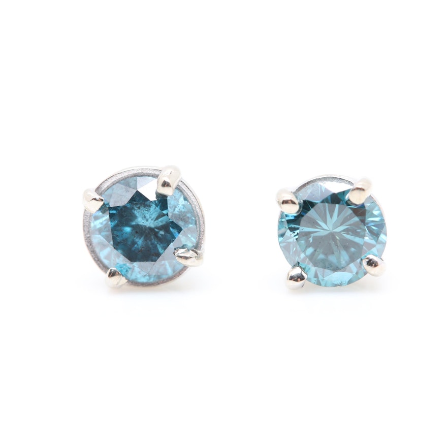 14K White Gold Blue Diamond Stud Earrings