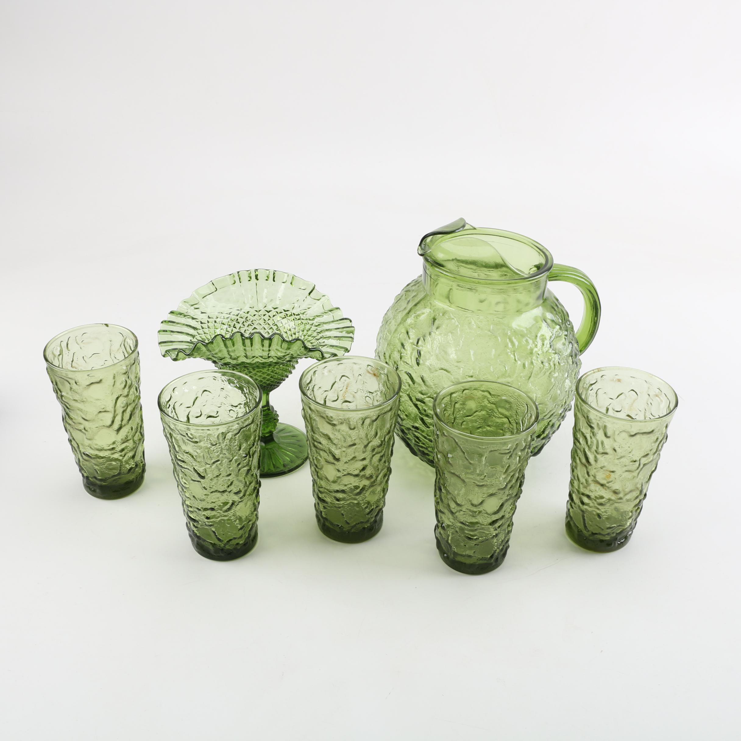 Anchor Hocking "Milano" Avocado Glass Pitcher Set with Compote
