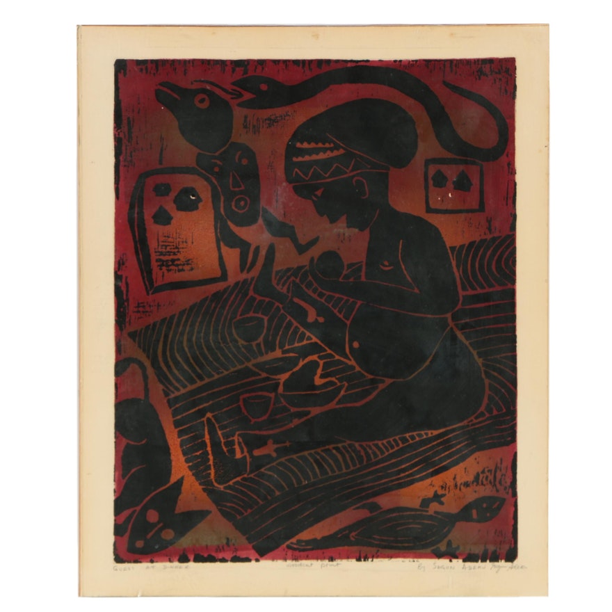 Segun Adeku Woodcut Print "Guest at Dinner"