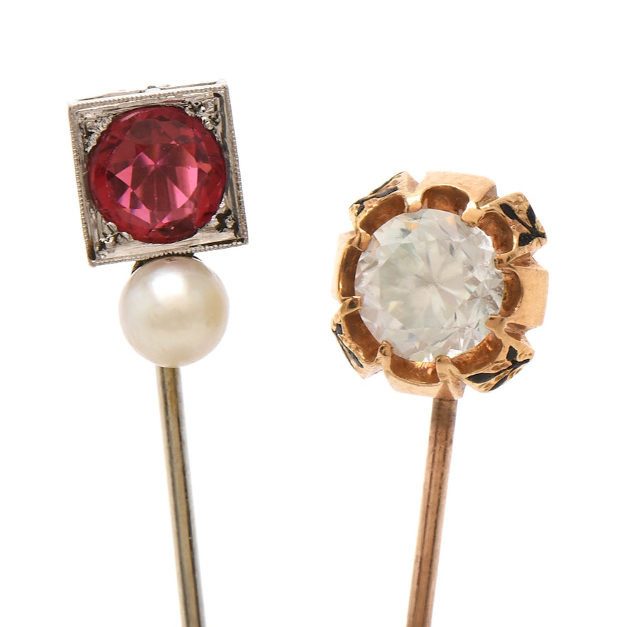 Vintage 18K Gold Gemstone Stick Pins with Platinum and 10K Yellow Gold